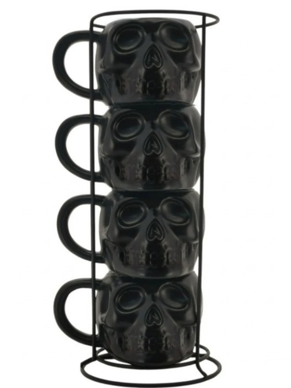 Stackable Black Skull Ceramic Mug Set with Vertical Stand